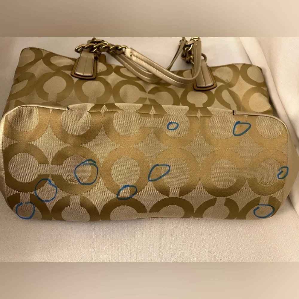 Coach Colette Opt Art Logo Gold Canvas Leather Large Tote Bag—read description